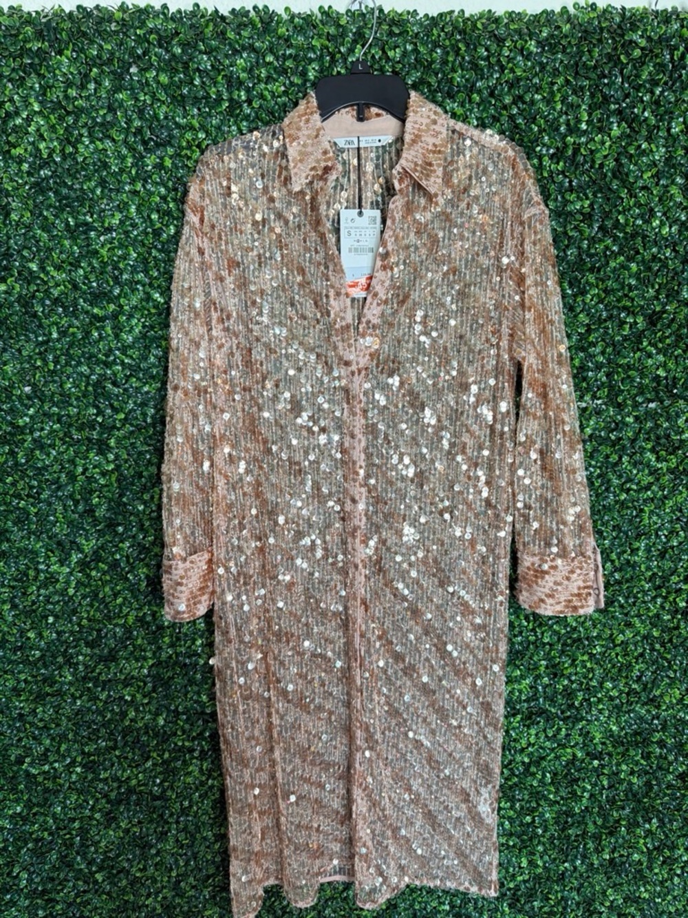 Zara Rose Gold Sequin Long Sleeve Shirt Dress